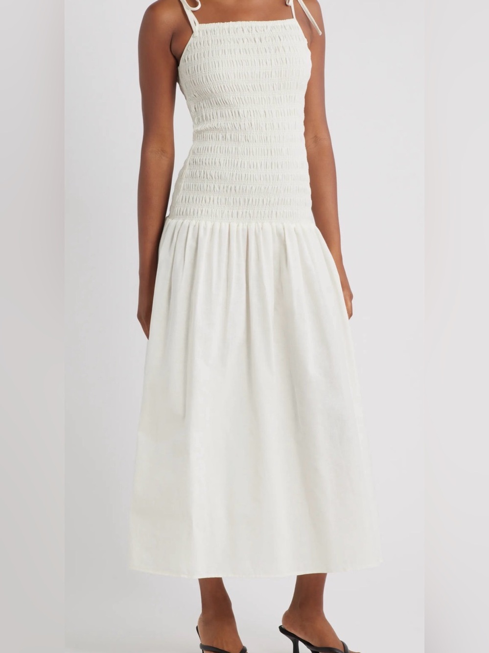 New Linen Blend Dress Smocked Dropped Waist Size Medium Ivory Cream